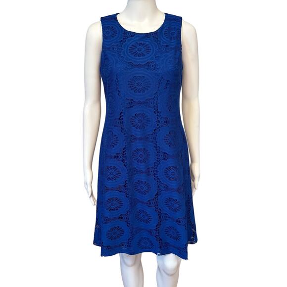 Eliza J Cocktail Shift Dress, Blue Lace Crochet Sleeveless, Womens Size 4 Preppy - Picture 1 of 12